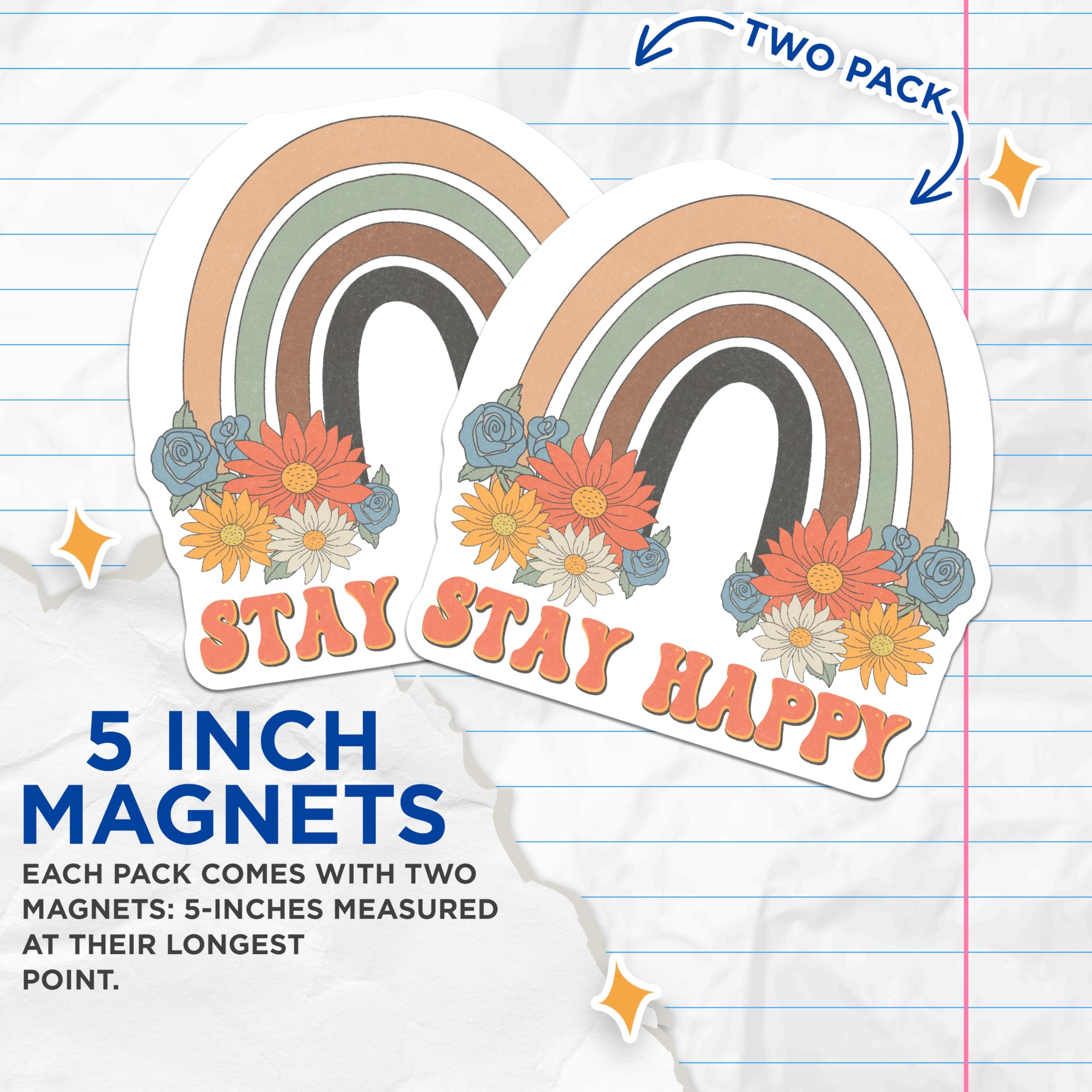 (2 Pack) Rainbow Magnets - Stay Happy Flower Magnets - Retro Style Fridge Magnets - 5" On Longest Side - Premium Magnet - for Cars, Refrigerators, Toolboxes, Lockers - Made in USA - MAG15884