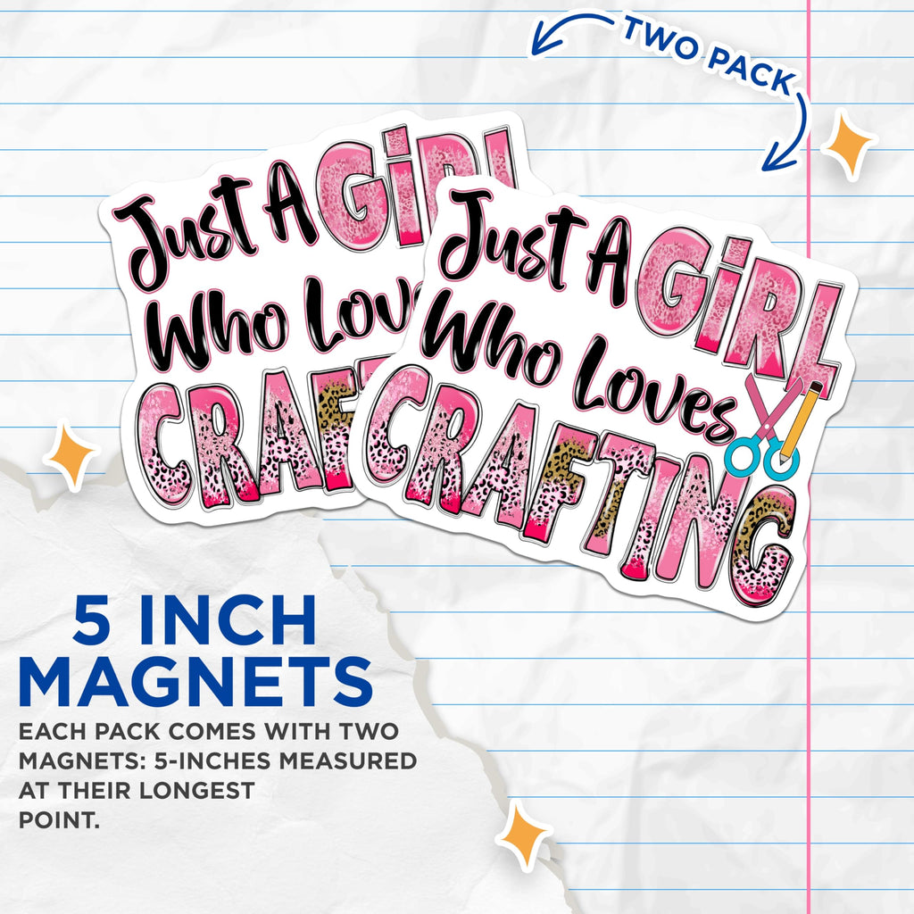 (2 Pack) Crafting Lover Magnets - Just A Girl Who Loves Crafting - Pink Leopard Print Crafter Decor - 5 Inches On Longest Side - Thick Durable Magnet - Made in USA - MAG19097