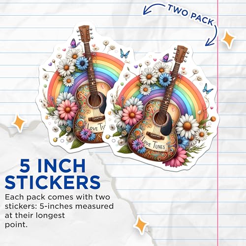 (2 Pack) Love Tunes Stickers - Floral Guitar - Rainbow Music Art Decals - 5" On Longest Side - Sticks to Smooth Flat Surfaces - Made in USA - BMCS8857