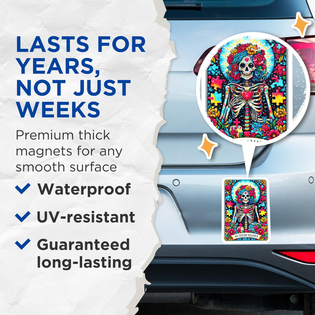(2 Pack) Autism Mama Magnets - Dia de Los Muertos Skeleton Art - Neurodiversity Awareness Decor - 5 Inches On Longest Side - Thick Durable Magnet - Made in USA - MAG23971