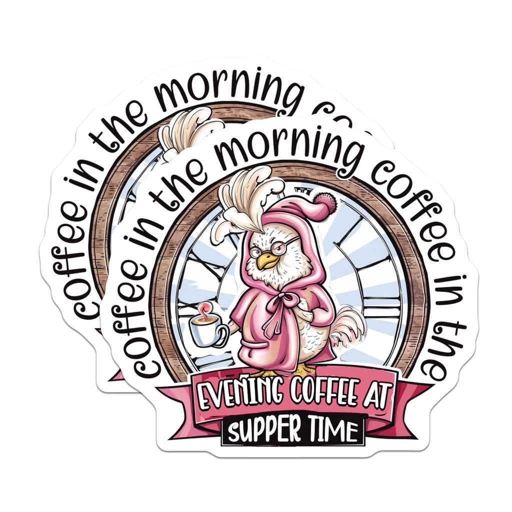 (2 Pack) Coffee in The Morning Stickers - Evening Coffee - Funny Coffee Stickers - 5" On Longest Side - Sticks to Smooth Flat Surfaces - Made in USA - BMCS4369