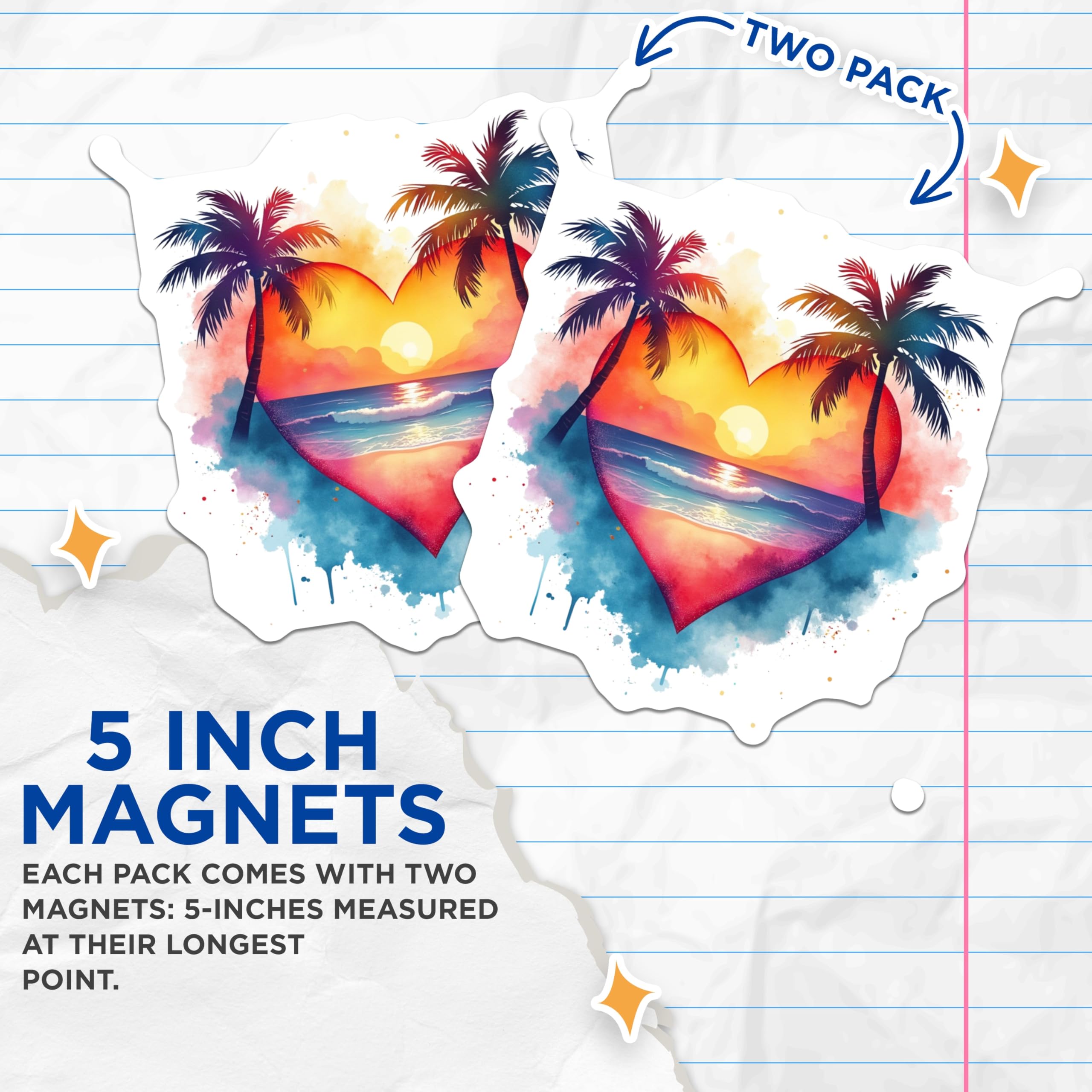 (2 Pack) Tropical Sunset Magnets - Beach Scene Heart Art - Romantic Ocean Palm Trees - 5 Inches On Longest Side - Thick Durable Magnet - Made in USA - MAG29840