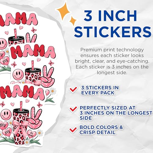 (3 Pack) Mama Leopard Tumbler Decals - Pink Hearts Butterfly - Laptop Decal - 3 Inches On Longest Side - Easy Peel & Apply - Made in USA - 3MCS6484