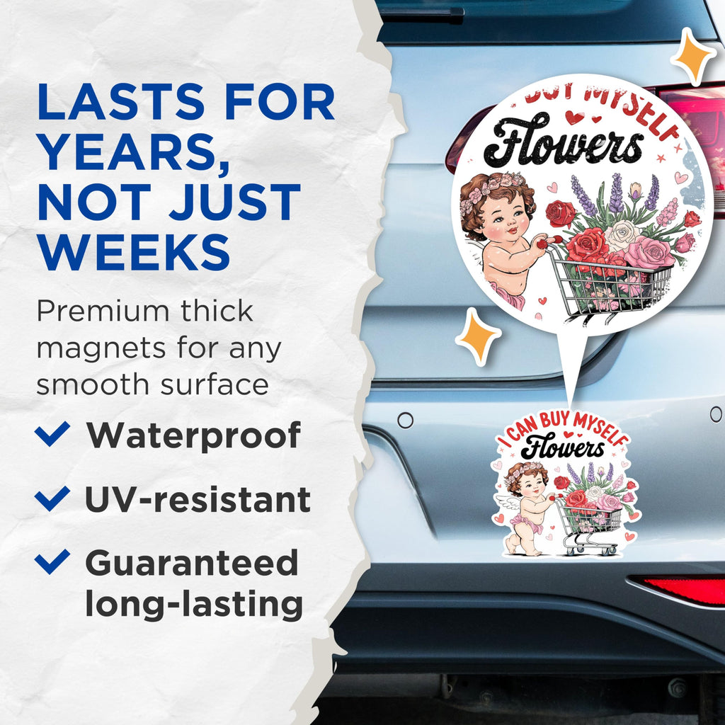 (2 Pack) I Can Buy Myself Flowers Magnets - Baby Angel with Shopping Cart Magnets - Cute Angel Girl Magnets- 5" On Longest Side - for Fridges, Toolboxes, Cars - Made in USA - MAG2961