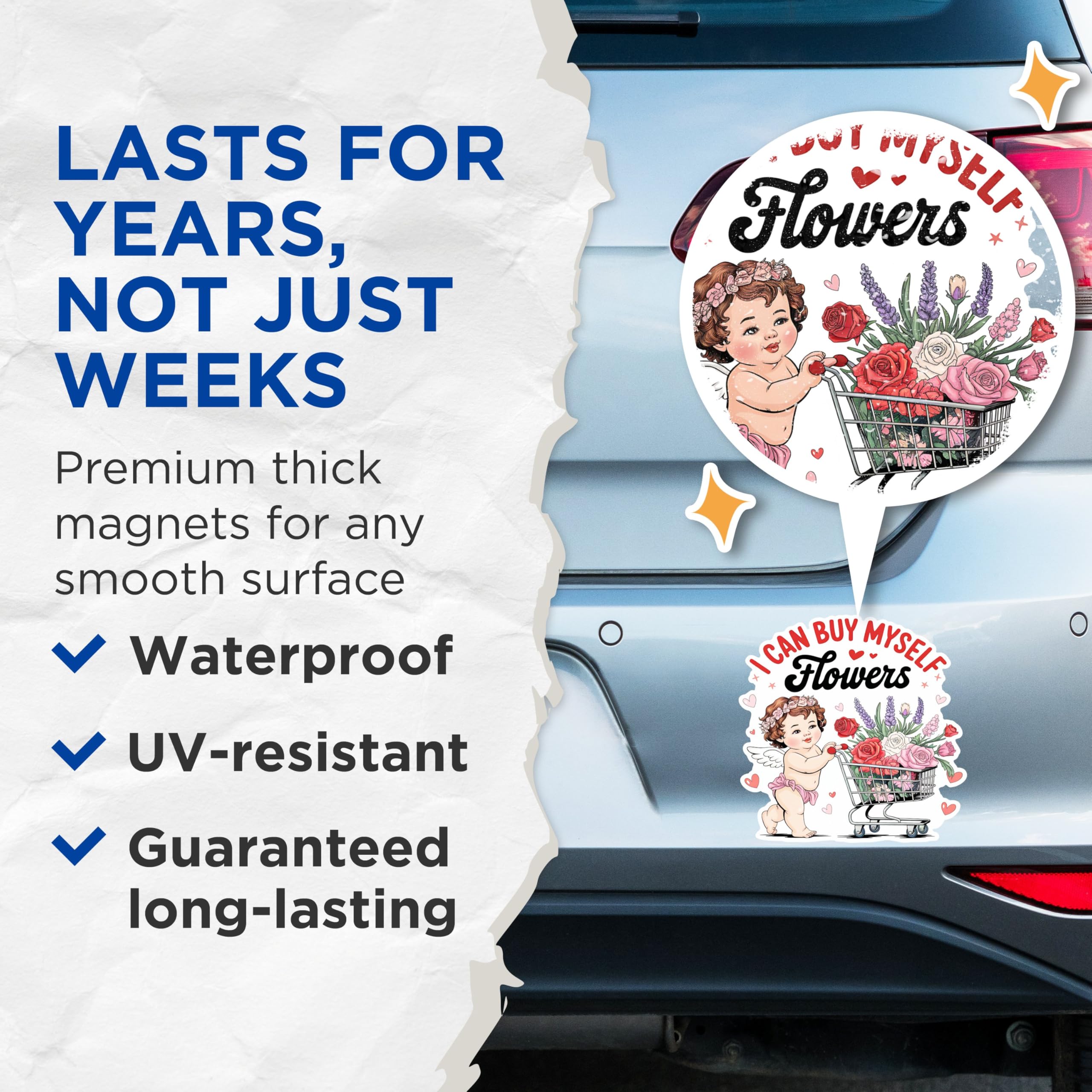 (2 Pack) I Can Buy Myself Flowers Magnets - Baby Angel with Shopping Cart Magnets - Cute Angel Girl Magnets- 5" On Longest Side - for Fridges, Toolboxes, Cars - Made in USA - MAG2961