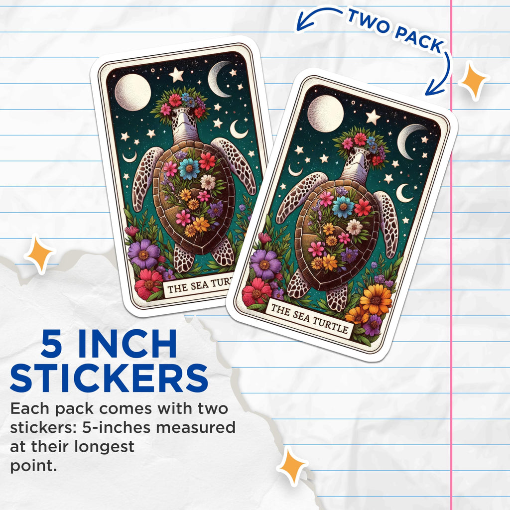 (2 Pack) Sea Turtle Stickers - Floral Turtle Decals - Celestial Ocean Animal Art Stickers - 5" On Longest Side - Sticks to Smooth Flat Surfaces - Made in USA - BMCS5495