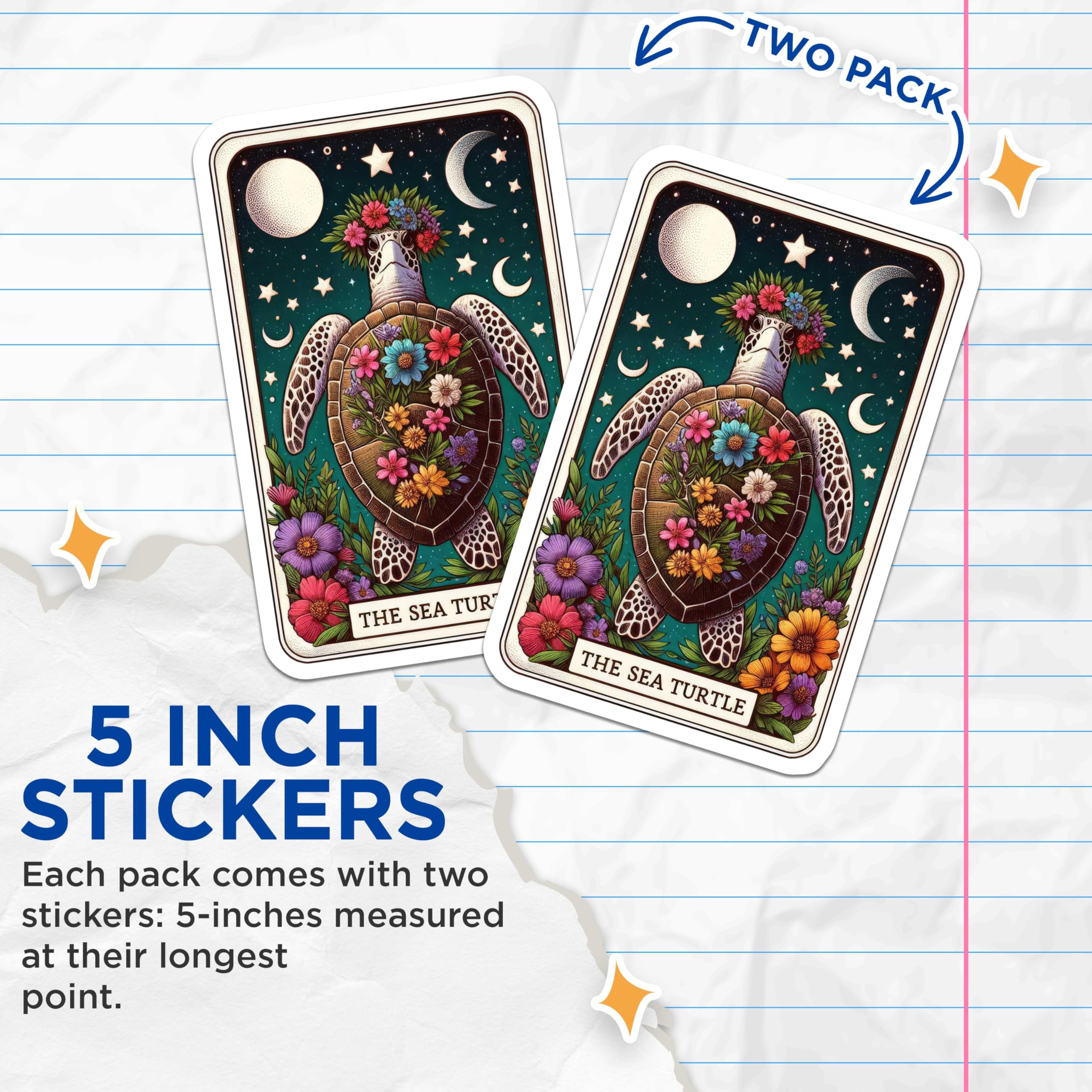(2 Pack) Sea Turtle Stickers - Floral Turtle Decals - Celestial Ocean Animal Art Stickers - 5" On Longest Side - Sticks to Smooth Flat Surfaces - Made in USA - BMCS5495