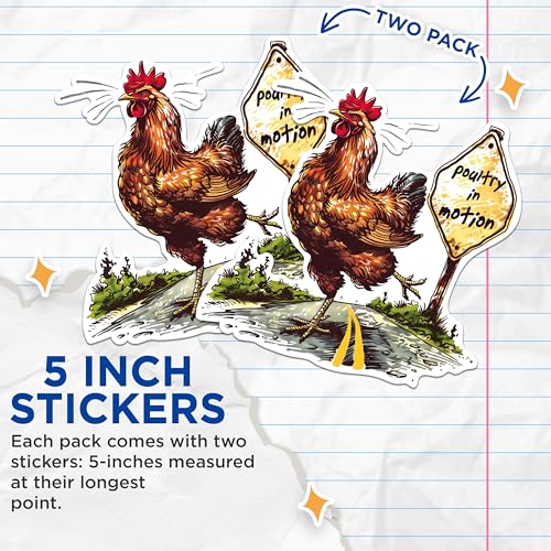 (2 Pack) Funny Animal Stickers - Poultry in Motion Stickers - Chicken Crossing Road Stickers - 5" On Longest Side - Sticks to Any Smooth Flat Surface - Made in USA - BMCS2605