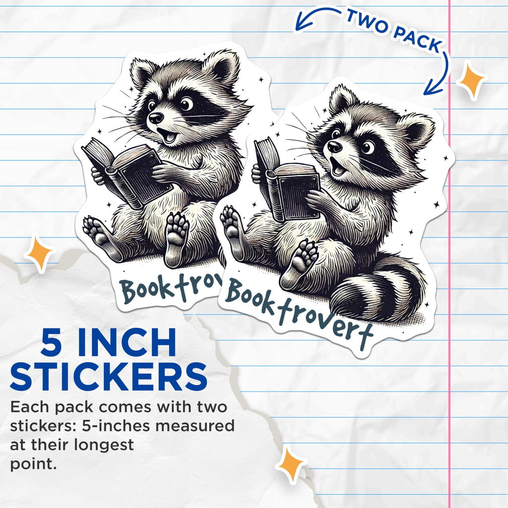 (2 Pack) Booktrovert Stickers - Cute Raccoon - Book Lover Sticker - Adorable Reading Raccoon - Bookworm Decor - 5" On Longest Side - Sticks to Smooth Flat Surfaces - Made in USA - BMCS6867