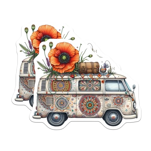 (2 Pack) Hippie Van Stickers - Retro Floral Van - Bohemian Van Life Decals - 5" On Longest Side - Sticks to Smooth Flat Surfaces - Made in USA - BMCS8869