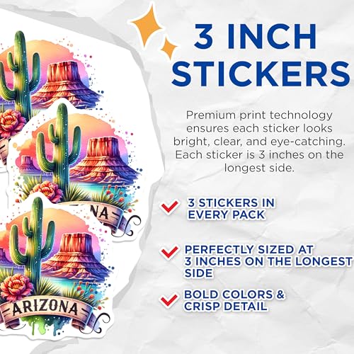 (3 Pack) Arizona Decals - Desert Cactus - State Pride Laptop Stickers- 3 Inches On Longest Side - Easy Peel & Apply - Made in USA - 3MCS5281