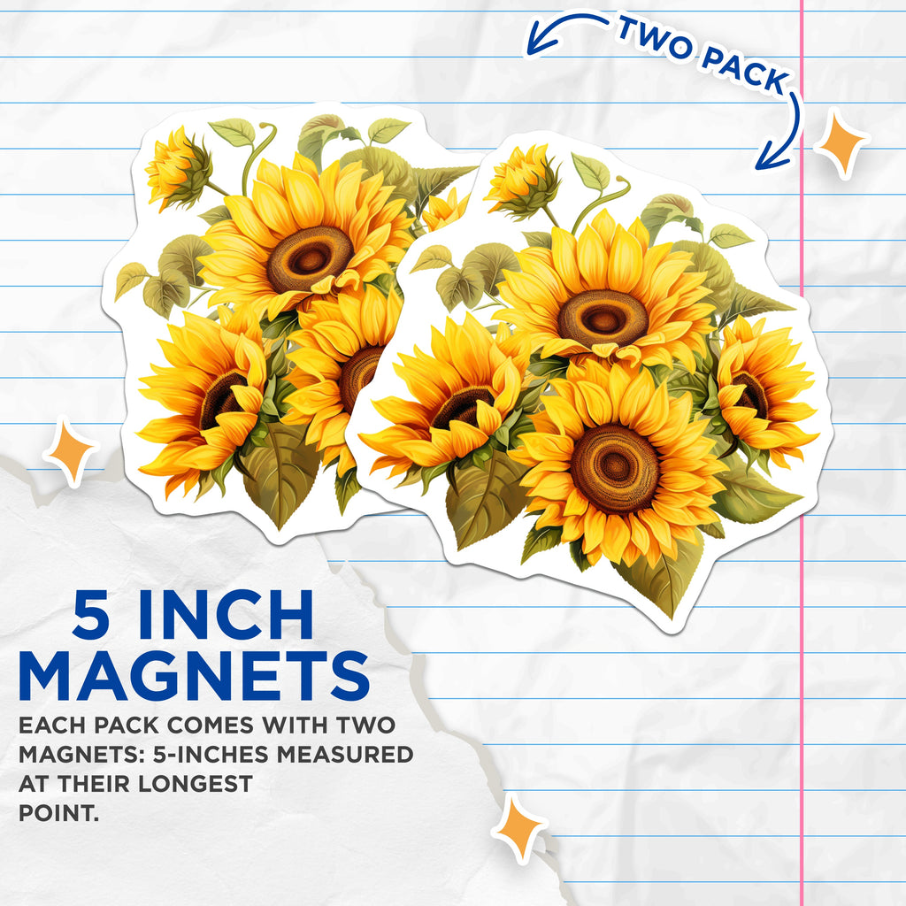 (2 Pack) Sunflower Magnets - Floral Kitchen Decor - Refrigerator Magnets - 5 Inches On Longest Side - Thick Durable Magnet - Made in USA - MAG39155