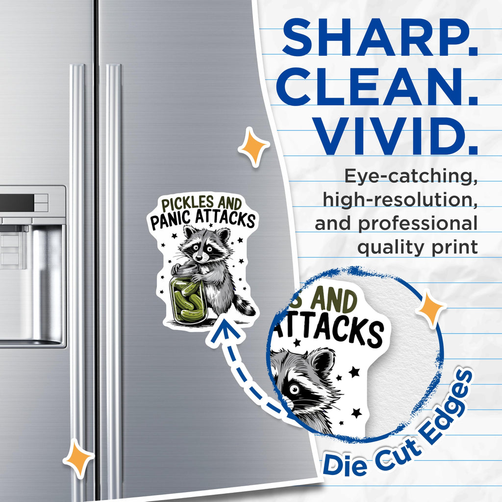 (2 Pack) Raccoon Pickles Panic Magnets - Funny Animal Meme Fridge Decor - Anxiety Humor Kitchen Accent - 5 Inches On Longest Side - Thick Durable Magnet - Made in USA - MAG23087