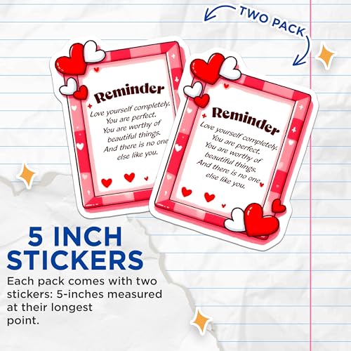 (2 Pack) Reminder Love Yourself Stickers - Positive Affirmation - Inspirational Heart - 5" On Longest Side - Sticks to Smooth Flat Surfaces - Made in USA - BMCS8331
