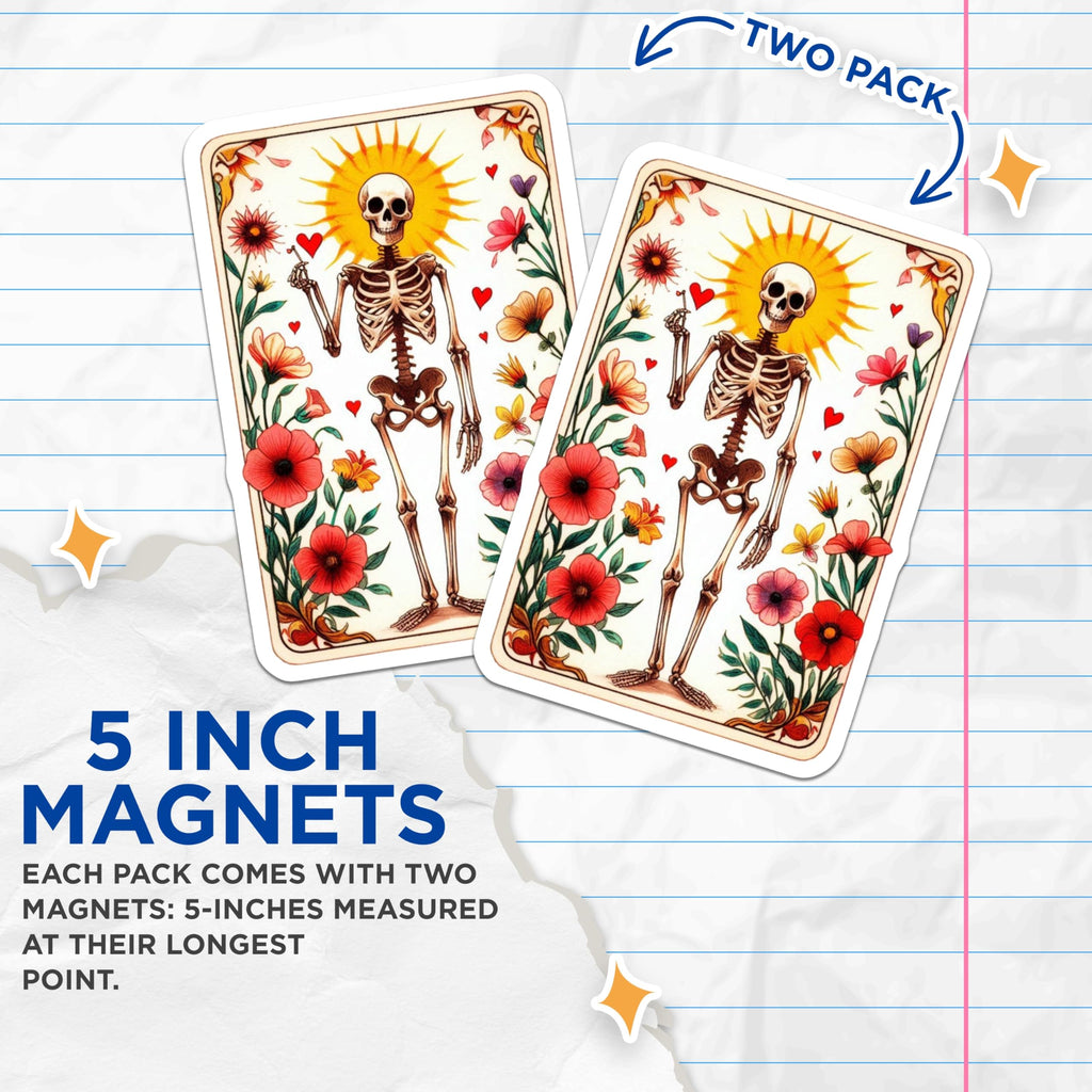 (2 Pack) Floral Skeleton Magnets - Sun Skull Art - Day of the Dead Inspired Decor - Mystical Botanical Magnet - 5 Inches On Longest Side - Thick Durable Magnet - Made in USA - MAG21049