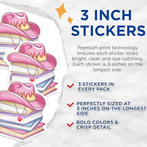 (3 Pack) Pink Cowboy Hat Decals - Stack of Books Stickers - Laptop Decal - 3 Inches On Longest Side - Easy Peel & Apply - Made in USA - 3MCS8213