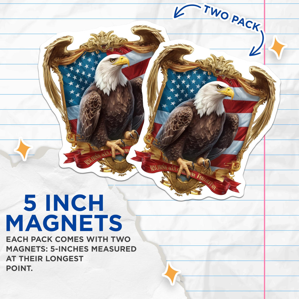 (2 Pack) Bald Eagle American Flag Magnets - USA Patriotic Symbol Decor - Independence Day Fridge Art - 5 Inches On Longest Side - Thick Durable Magnet - Made in USA - MAG20429