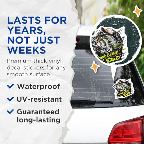 (2 Pack) Hook Line and Dad Stickers - Fishing Dad Stickers - Fisherman Decal Stickers - 5" On Longest Side - Sticks to Any Smooth Flat Surface - Made in USA - BMCS3489