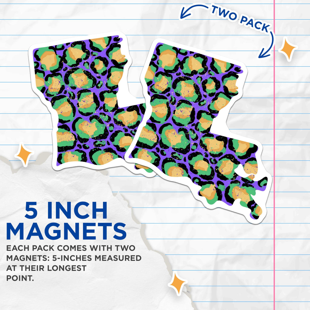 (2 Pack) Louisiana State Magnets - Animal Print - Colorful Map Design - 5" On Longest Side - for Cars, Fridges, Toolboxes - Made in USA - MAG4124
