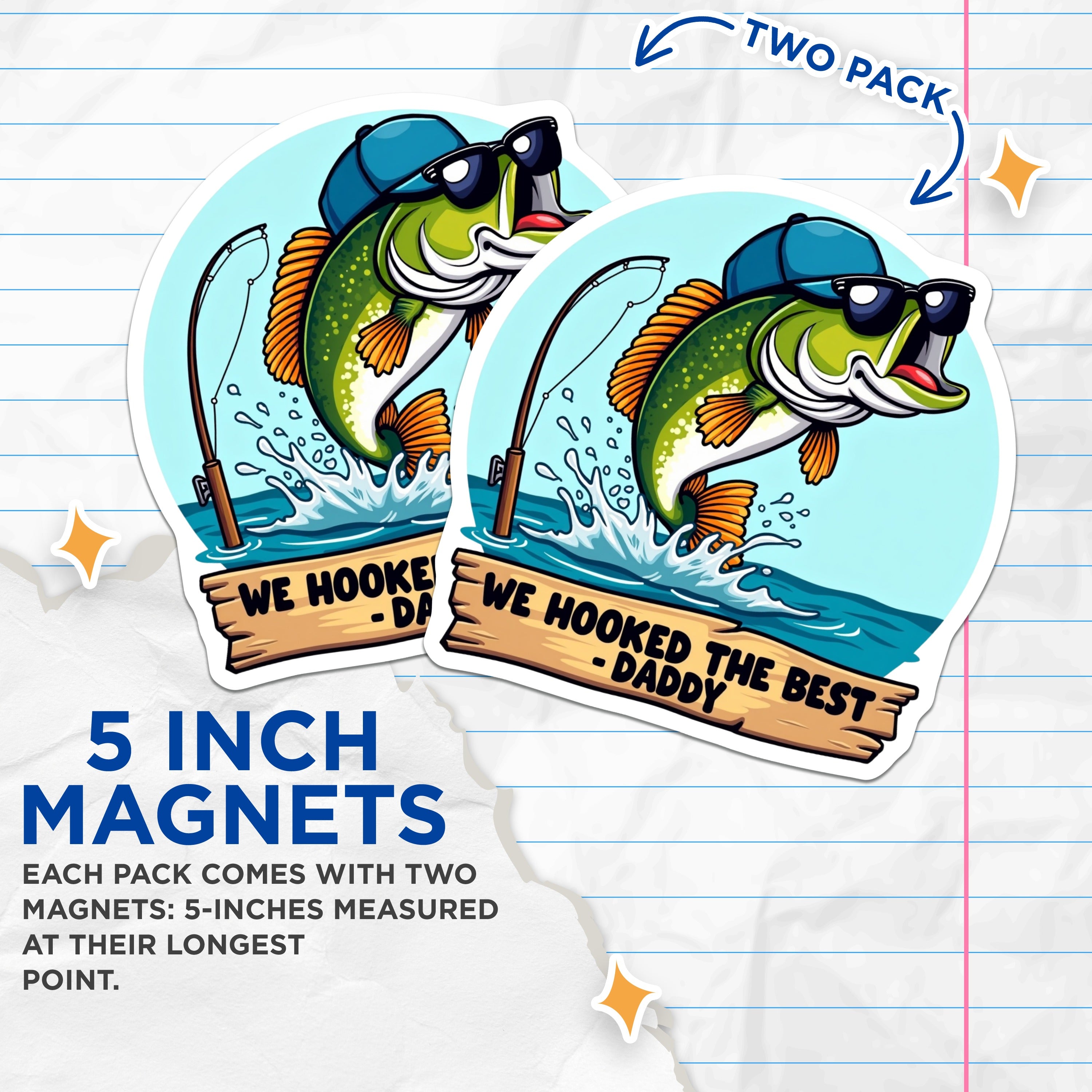 (2 Pack) Fishing Daddy Magnets - Cool Bass Fish Refrigerator Decor - Fathers Day Present from Kids - 5 Inches On Longest Side - Thick Durable Magnet - Made in USA - MAG39721