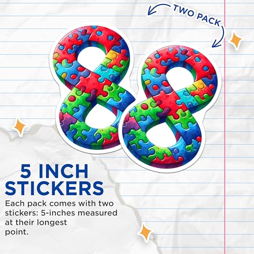 (2 Pack) Puzzle Piece Number 8 Stickers - Colorful Autism Awareness Stickers - Unique Classroom Decor - 5" On Longest Side - Sticks to Smooth Flat Surfaces - Made in USA - BMCS7193