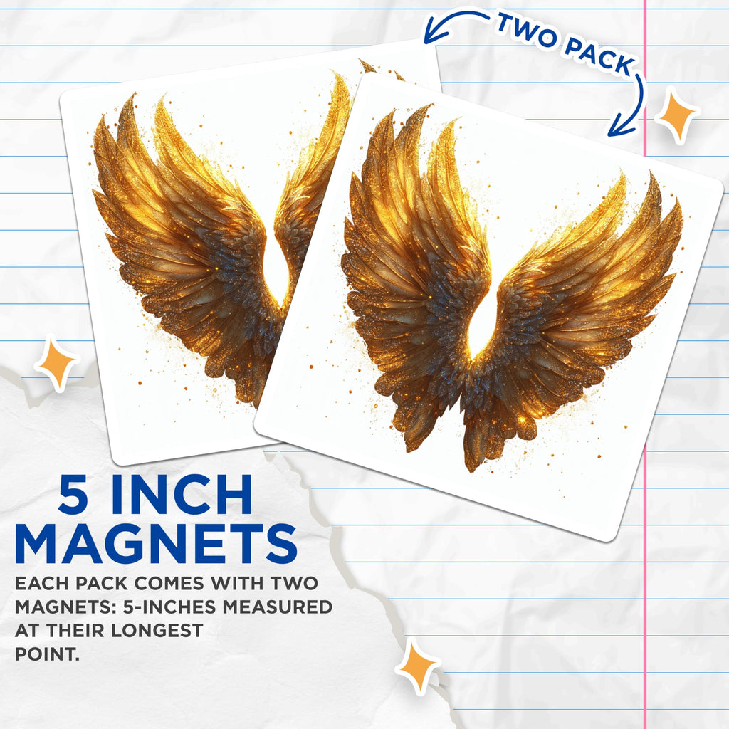 (2 Pack) Golden Wing Magnets - Angel Wings Decor - Celestial Fantasy Aesthetic - 5 Inches On Longest Side - Thick Durable Magnet - Made in USA - MAG24053
