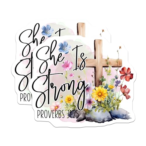 (2 Pack) She is Strong Stickers - Proverbs 31:25 Stickers - Inspirational Christian Stickers - 5" On Longest Side - Sticks to Smooth Flat Surfaces - Made in USA - BMCS4311