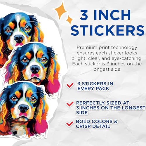 (3 Pack) Cavalier Spaniel Decals - Dog Breed Art - Colorful Pet Decal - 3 Inches On Longest Side - Easy Peel & Apply - Made in USA - 3MCS0693