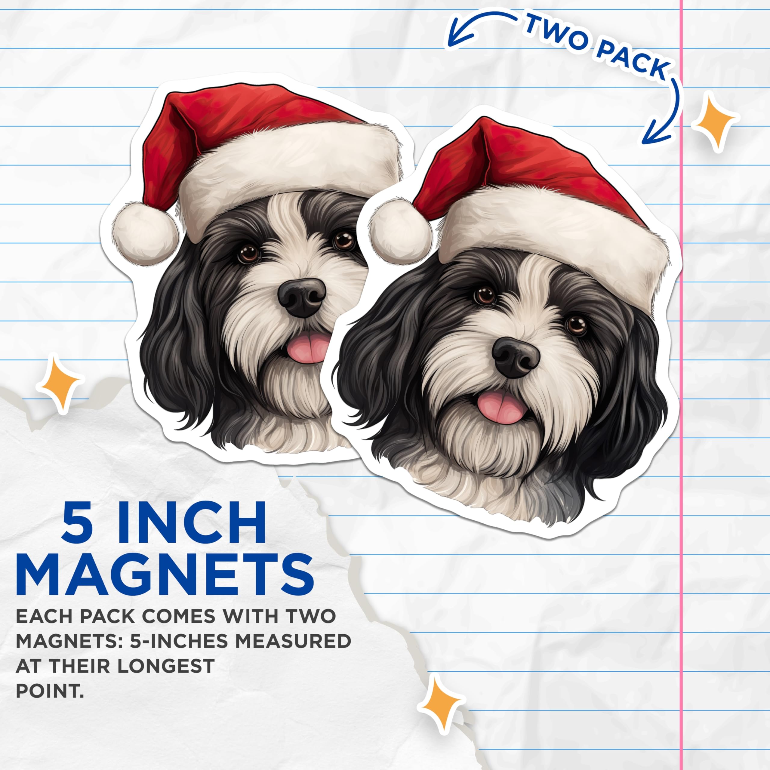 (2 Pack) Christmas Dog Magnets - Santa Hat Dog Decor - Fluffy Puppy Pet Lover Xmas Home Item - 5 Inches On Longest Side - Thick Durable Magnet - Made in USA - MAG29575