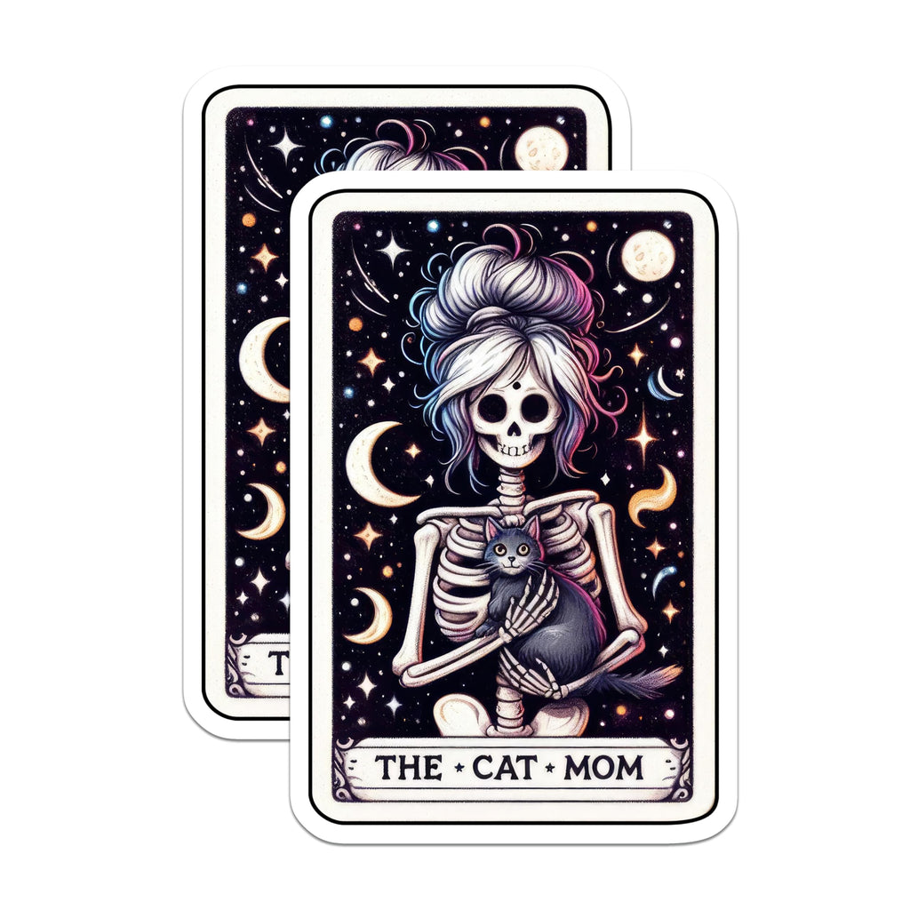 (2 Pack) Gothic Cat Mom Skeleton Magnets - Celestial Black Cat Art Design - Witchy Messy Bun Refrigerator Decor - 5 Inches On Longest Side - Thick Durable Magnet - Made in USA - MAG21062