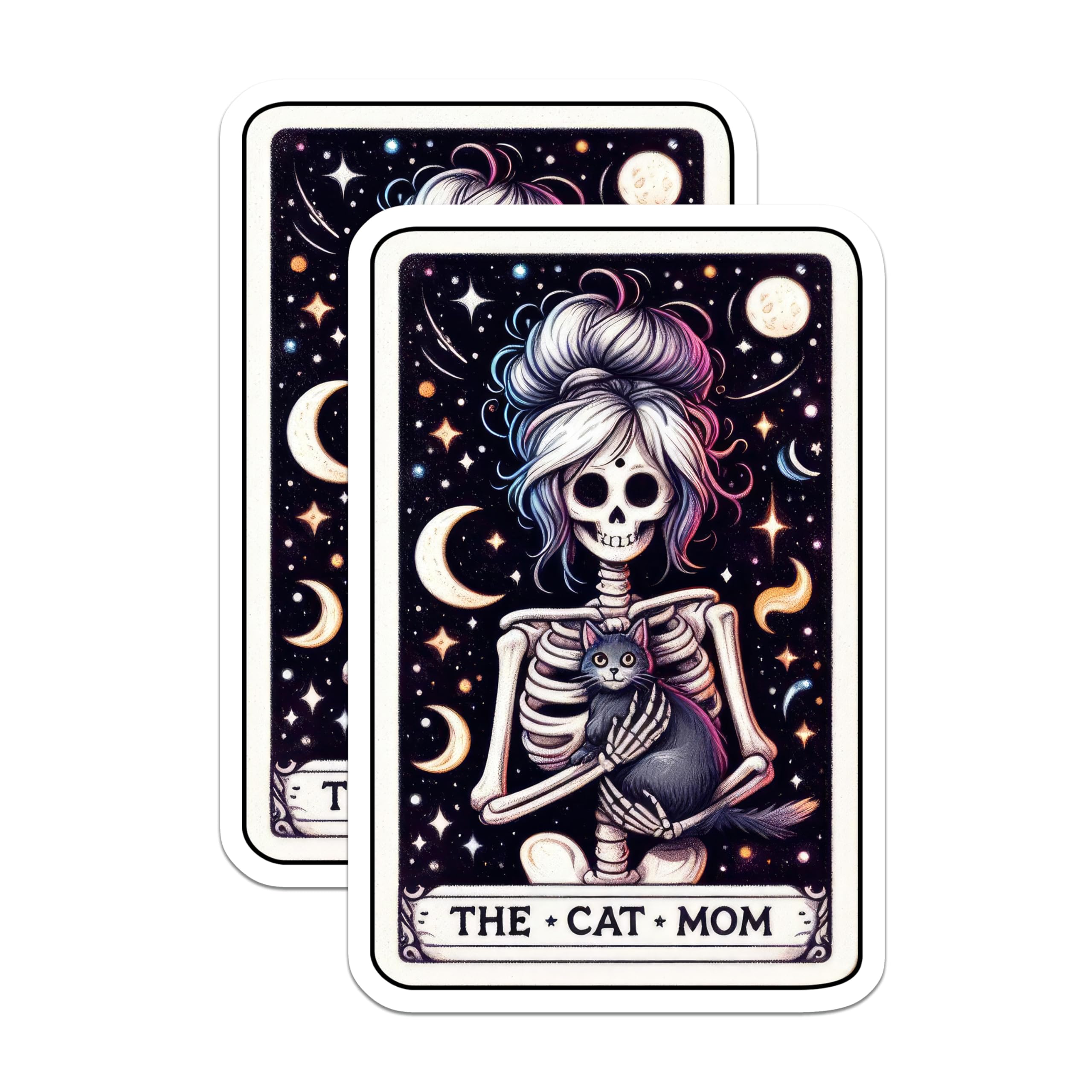 (2 Pack) Gothic Cat Mom Skeleton Magnets - Celestial Black Cat Art Design - Witchy Messy Bun Refrigerator Decor - 5 Inches On Longest Side - Thick Durable Magnet - Made in USA - MAG21062