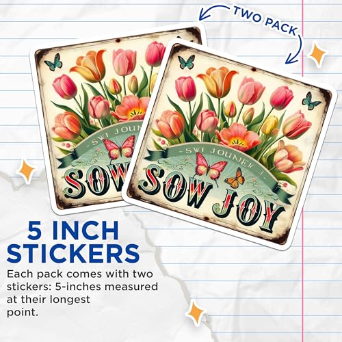 (2 Pack) Sow Joy Stickers - Vintage Floral Decor - Motivational Garden Quote - 5" On Longest Side - Sticks to Smooth Flat Surfaces - Made in USA - BMCS6853