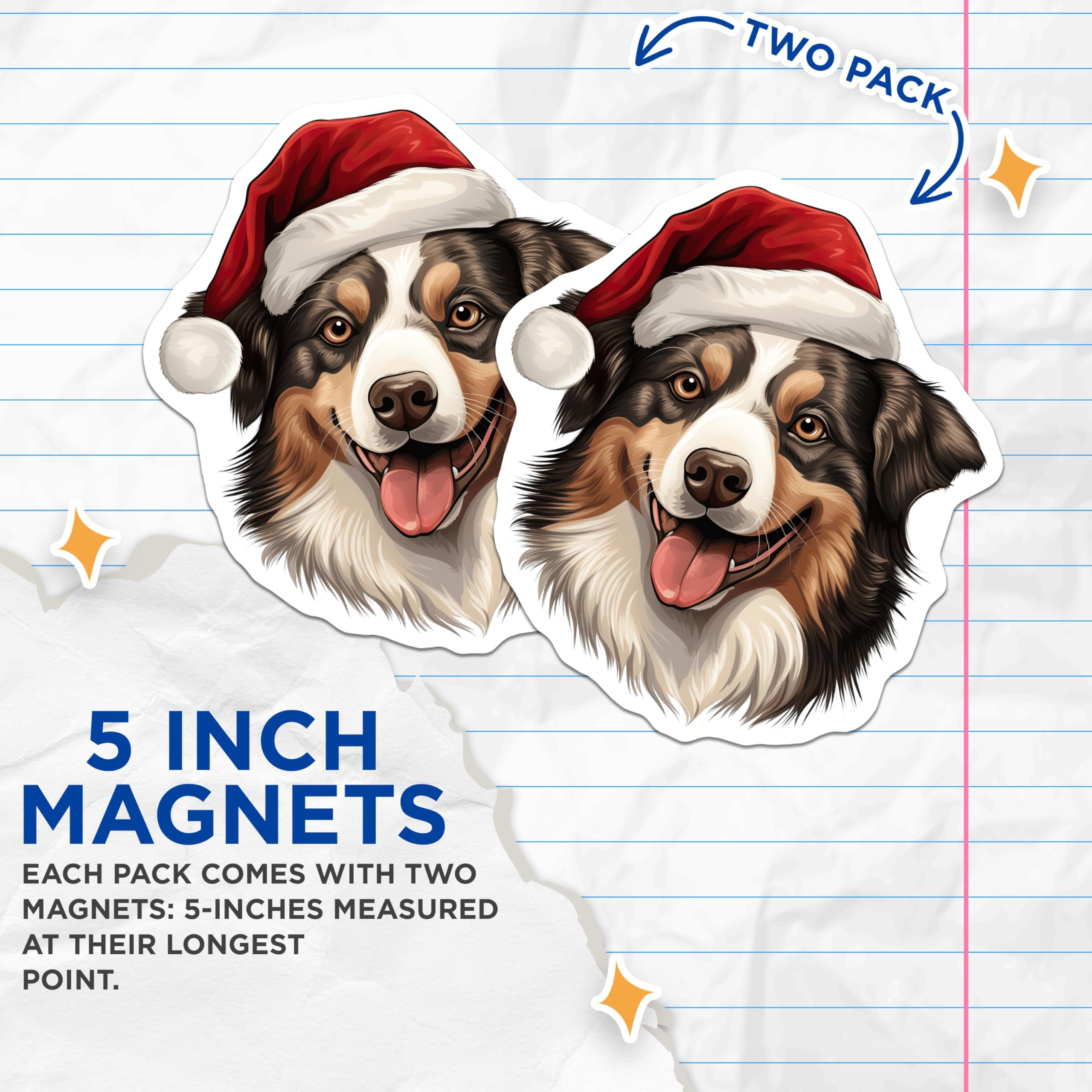 (2 Pack) Christmas Dog Magnets - Santa Hat Australian Shepherd - Festive Holiday Decor - 5 Inches On Longest Side - Thick Durable Magnet - Made in USA - MAG24399