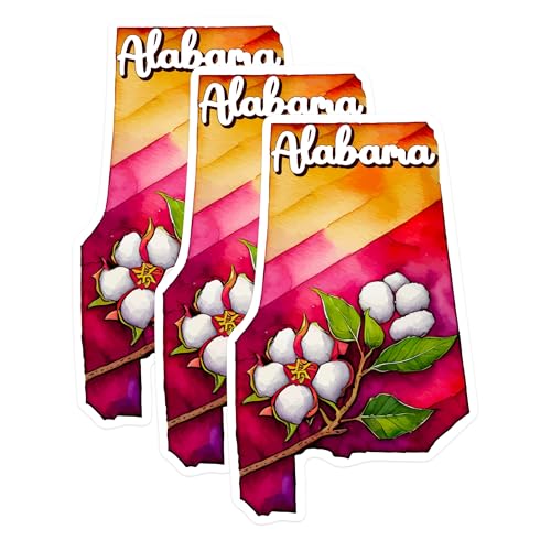 (3 Pack) Alabama Decals - State Flower - Cotton Branch - Laptop Decals - 3 Inches On Longest Side - Easy Peel & Apply - Made in USA - 3MCS0124