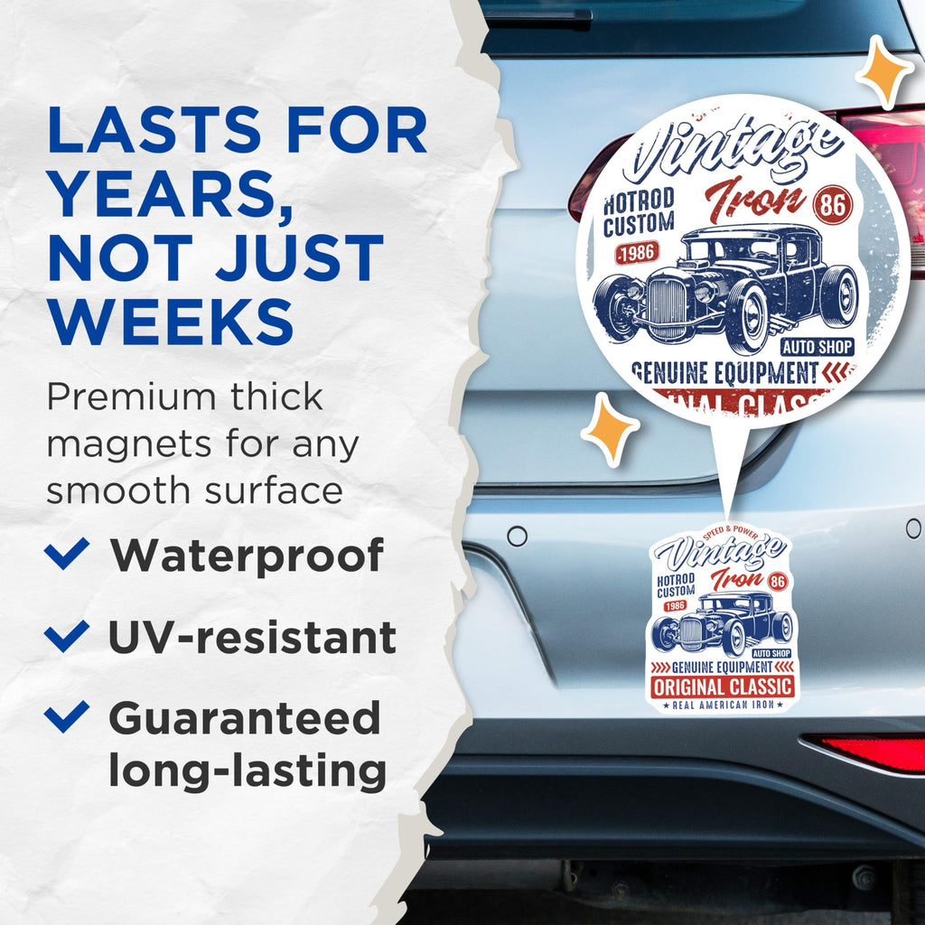 (2 Pack) Hot Rod Magnets - Vintage Car Magnet - Classic American Iron Magnet - 5" On Longest Side - Premium Magnet - for Cars, Refrigerators, Toolboxes, Lockers - Made in USA - MAG17438