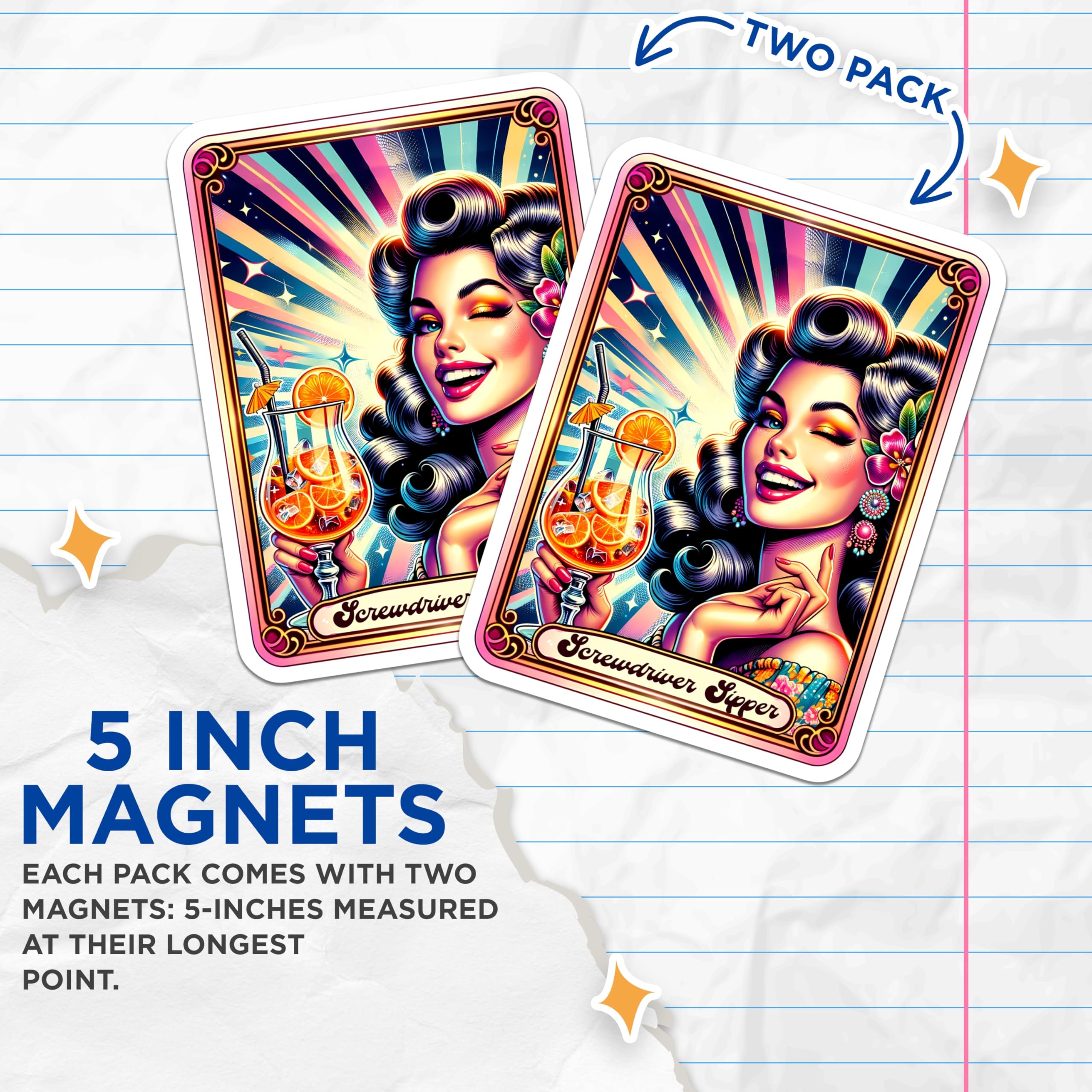(2 Pack) Screwdriver Sipper Magnets - Retro Pin Up Art - Vibrant Cocktail Kitchen Decor - Happy Hour Illustration - 5 Inches On Longest Side - Thick Durable Magnet - Made in USA - MAG20207