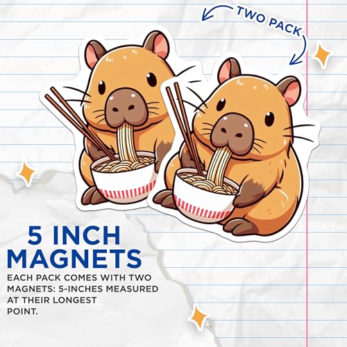 (2 Pack) Cartoon Capybara Illustration Magnet - Kitchen Decor - Cute Animal Art - 5" On Longest Side - Sticks to Smooth Flat Surfaces - Made in USA - MAG9906