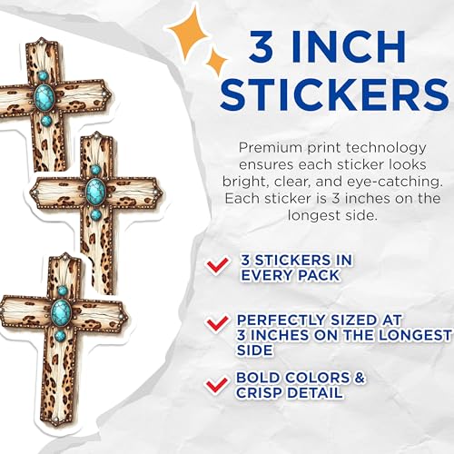 (3 Pack) Western Cross Decals - Turquoise Stone Cross - Leopard Print Stickers - 3 Inches On Longest Side - Easy Peel & Apply - Made in USA - 3MCS7504