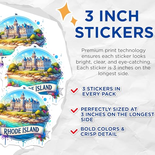 (3 Pack) Rhode Island Decals - Vacation Destination Sticker - Travel Souvenir Decals- 3 Inches On Longest Side - Easy Peel & Apply - Made in USA - 3MCS5546