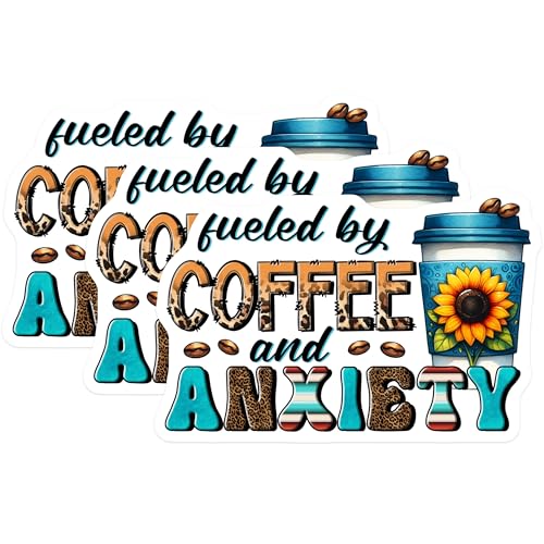 (3 Pack) Coffee Anxiety Decals - Fueled by Coffee - Funny Laptop Decals - 3 Inches On Longest Side - Easy Peel & Apply - Made in USA - 3MCS6298