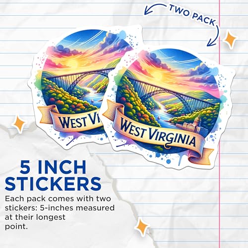 (2 Pack) West Virginia Stickers - State Souvenir - Nature Landscape - Outdoors Enthusiast - 5" On Longest Side - Sticks to Smooth Flat Surfaces - Made in USA - BMCS6377