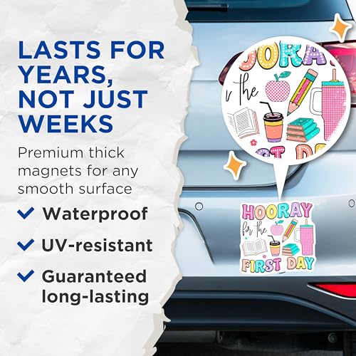 (2 Pack) Hooray for The First Day Magnets Magnets - Teacher Classroom Decor - Back to School Supplies - 5" On Longest Side - Made in USA - Sticks to Refrigerators & Metal Surfaces - MAG9124