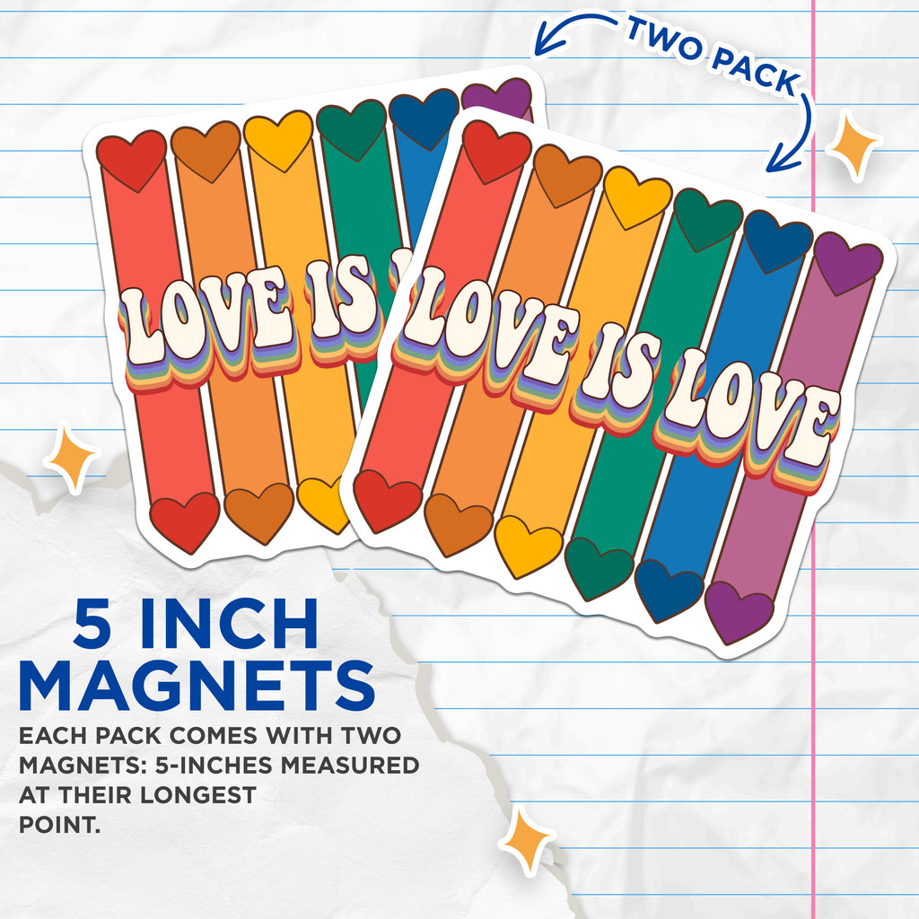 (2 Pack) Love is Love Magnets - Rainbow Pride Decor - LGBTQ+ Ally Statement - Retro Aesthetic Affirmation - Inclusive Home Decor - 5" - Durable Magnet - Made in USA - MAG38920