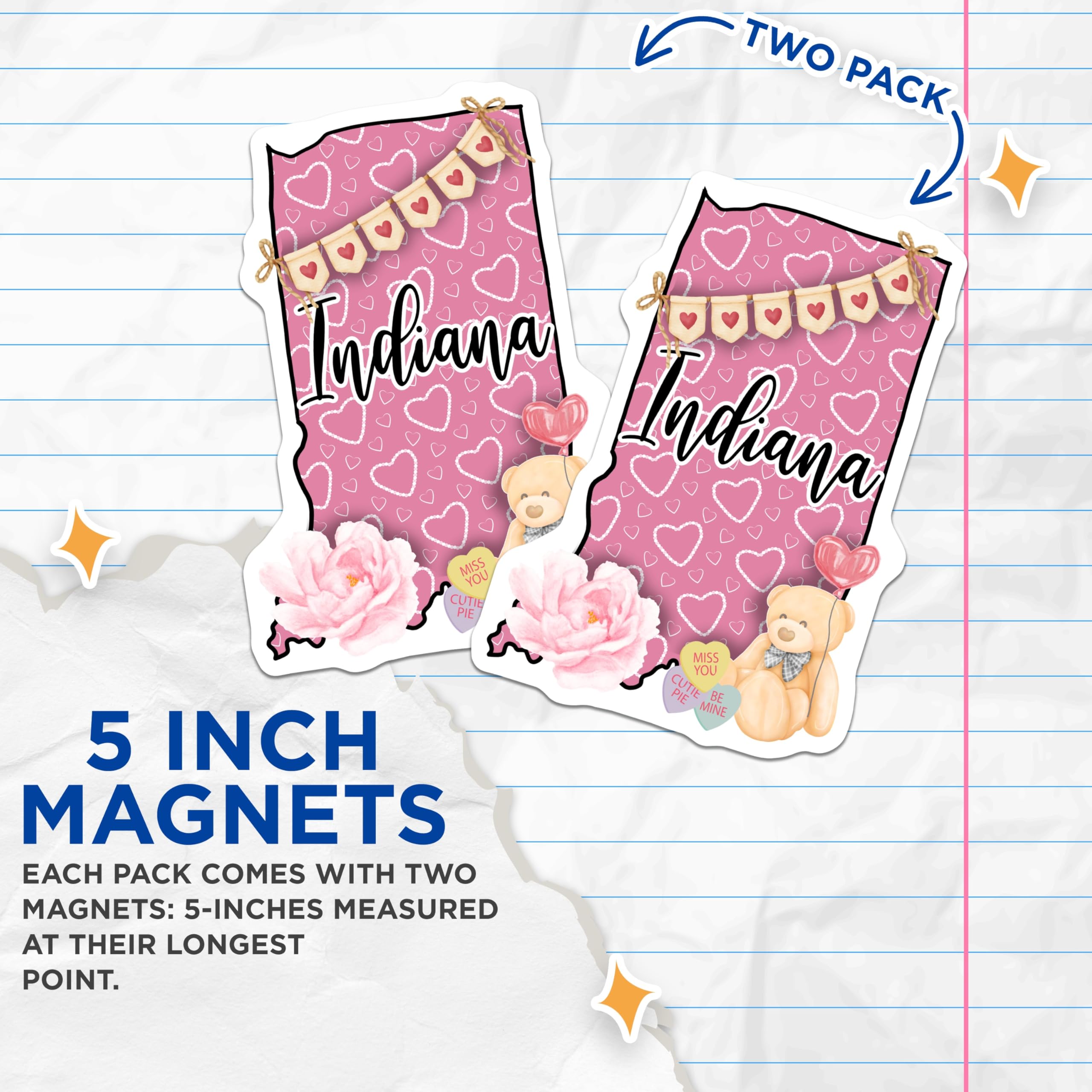 (2 Pack) Indiana State Magnets - Valentine Hearts - Teddy Bear Balloons Souvenir - 5" On Longest Side - Premium Magnet - for Cars, Refrigerators, Toolboxes, Lockers - Made in USA - MAG18311