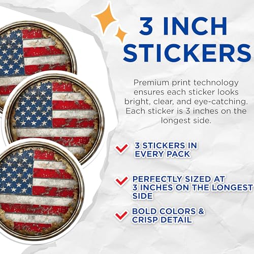 (3 Pack) American Flag Decals - Distressed USA - Patriotic Laptop Decals - 3 Inches On Longest Side - Easy Peel & Apply - Made in USA - 3MCS0046