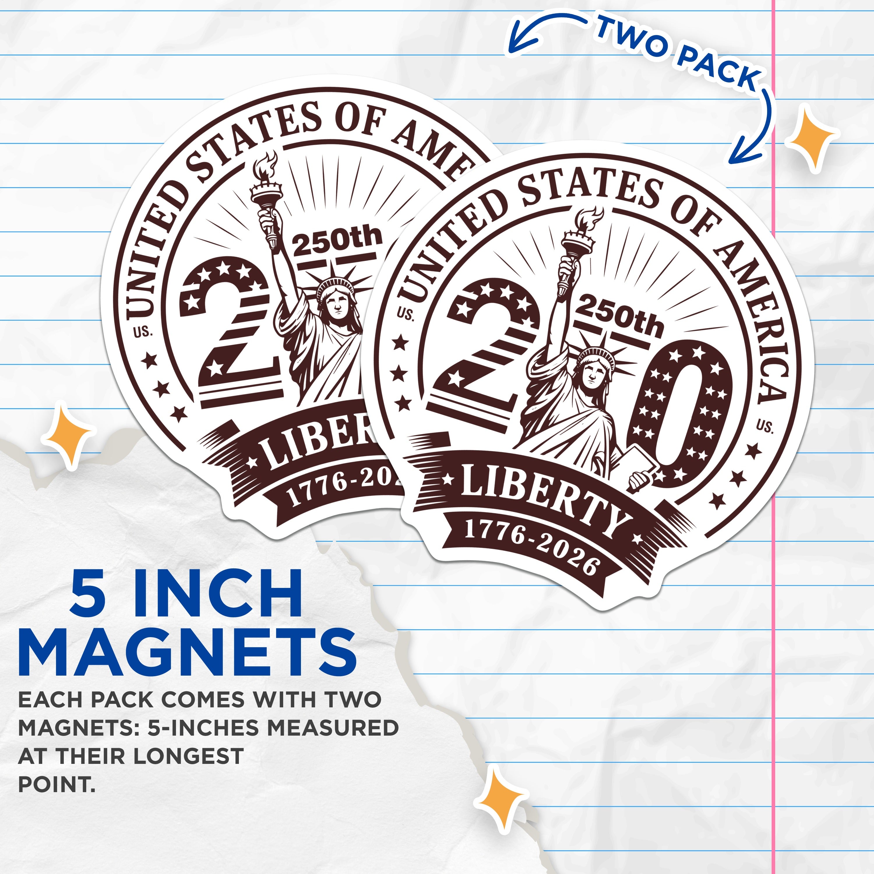 (2 Pack) 250th Anniversary US Magnets - Patriotic Liberty - American History Commemorative 1776-5 Inches On Longest Side - Thick Durable Magnet - Made in USA - MAG36562
