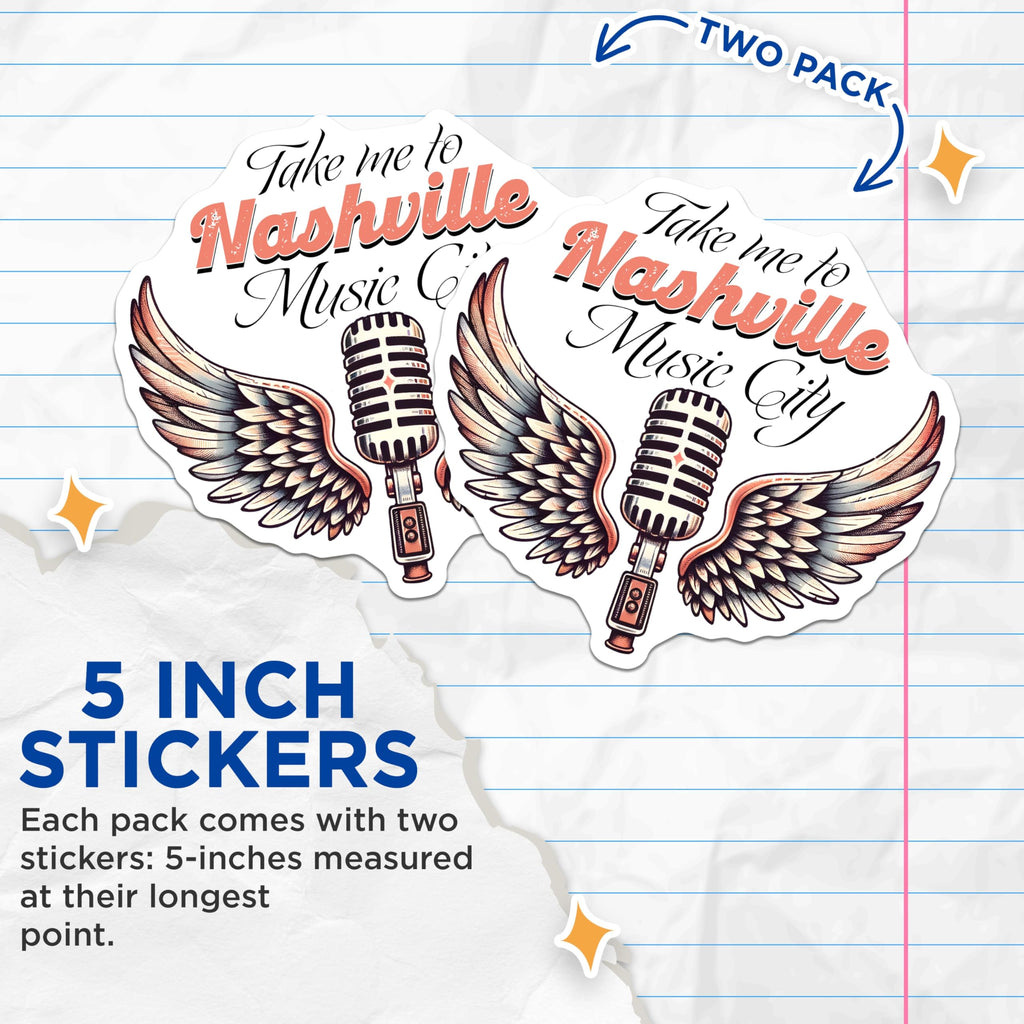 (2 Pack) Nashville Stickers - Music City Decals - Microphone Winged Stickers - 5" On Longest Side - Sticks to Smooth Flat Surfaces - Made in USA - BMCS15125