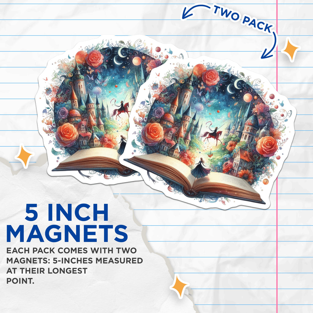 (2 Pack) Fantasy Storybook Magnets - Book Lover Decor - Dreamy Art Gift - 5 Inches On Longest Side - Thick Durable Magnet - Made in USA - MAG36113