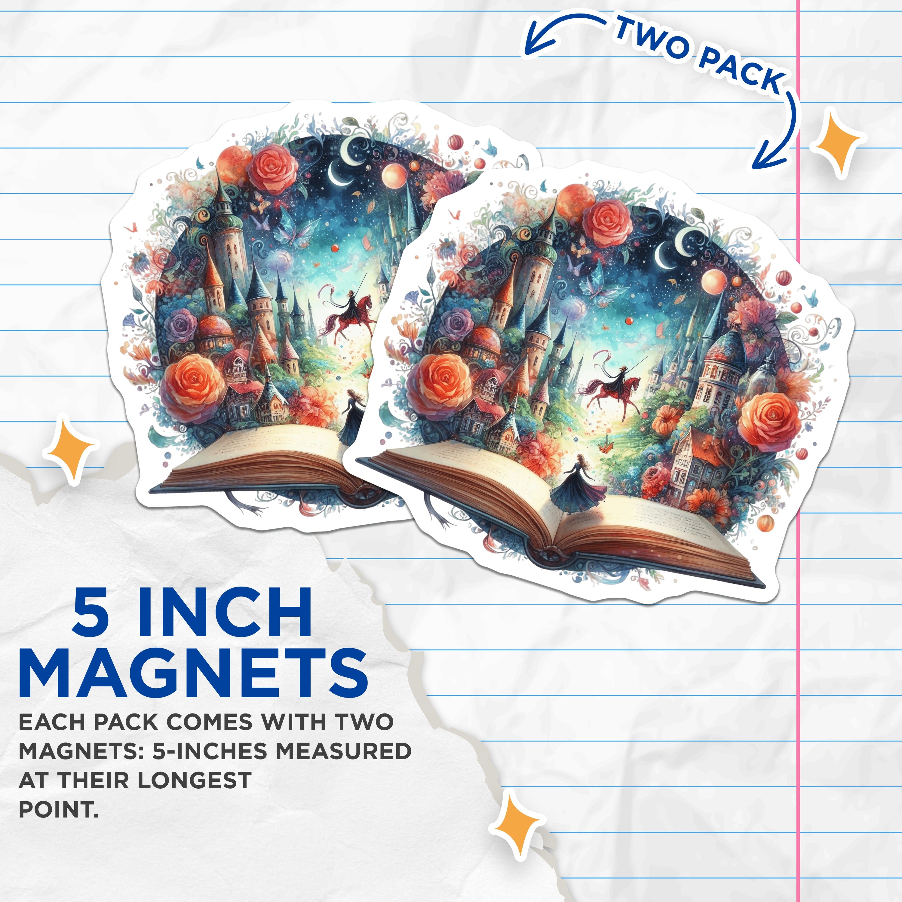 (2 Pack) Fantasy Storybook Magnets - Book Lover Decor - Dreamy Art Gift - 5 Inches On Longest Side - Thick Durable Magnet - Made in USA - MAG36113