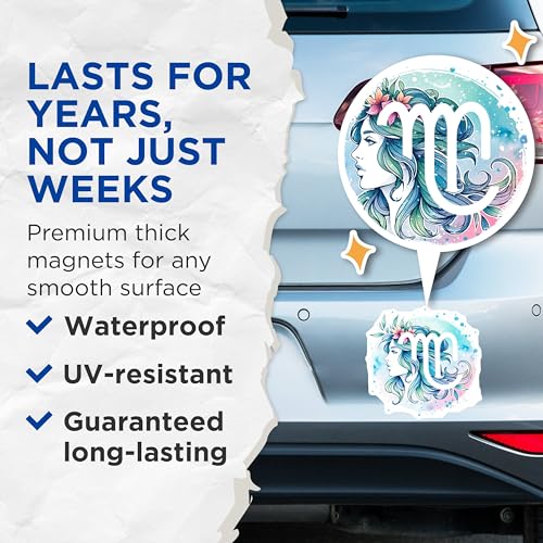 (2 Pack) Virgo Zodiac Magnets - Horoscope Art - Astrology Decor - Zodiac Signs - Celestial Design - 5" On Longest Side - for Cars, Fridges, Toolboxes - Made in USA - MAG6784